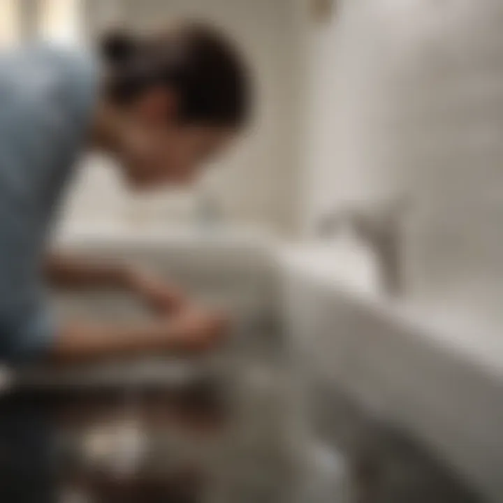 A person inspecting a bathroom sink drain for blockages and buildup.