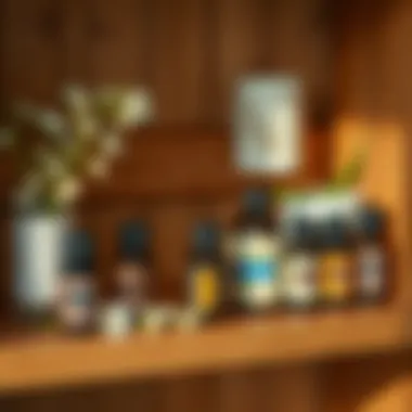 An assortment of essential oils displayed on a wooden shelf