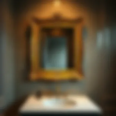 A stylish bathroom showcasing an aged brass mirror above a modern sink