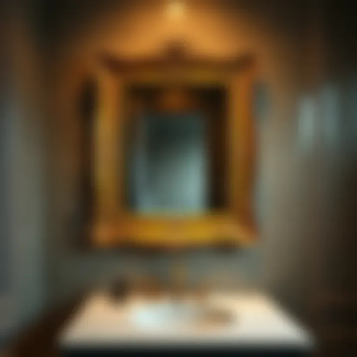 A stylish bathroom showcasing an aged brass mirror above a modern sink