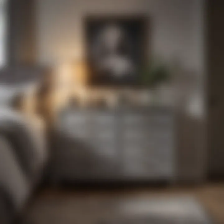 Gray chest of drawers in a cozy bedroom with warm lighting