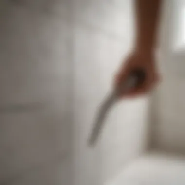 Precision Grout Application Technique An expert applying grout with a precision tool in a bathroom setting