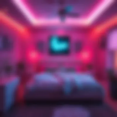 A cozy bedroom featuring neon lights that enhance the overall ambiance