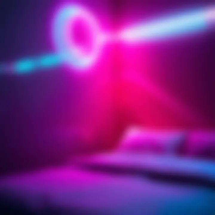 Close-up of neon lights casting colorful reflections on a bedroom wall