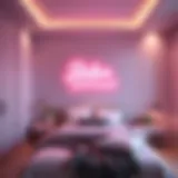 A stylish neon sign illuminating a modern bedroom with soft colors