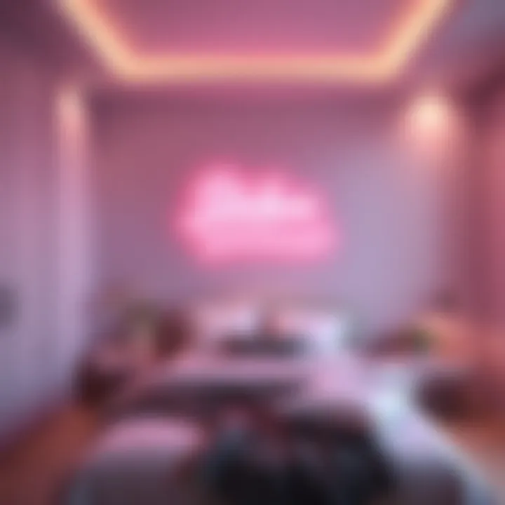 A stylish neon sign illuminating a modern bedroom with soft colors