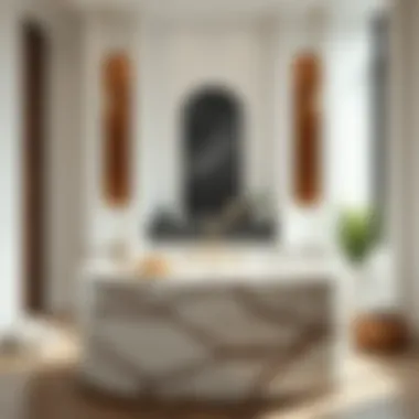 Stylishly designed marble bath table in a serene spa-like setting