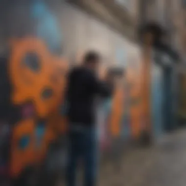 An artist at work on a graffiti piece in an urban setting