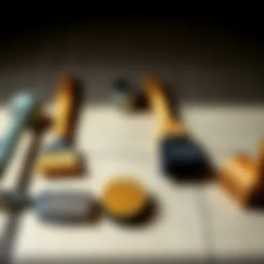 Tools laid out for sealing bathroom tiles, including brushes and applicators.