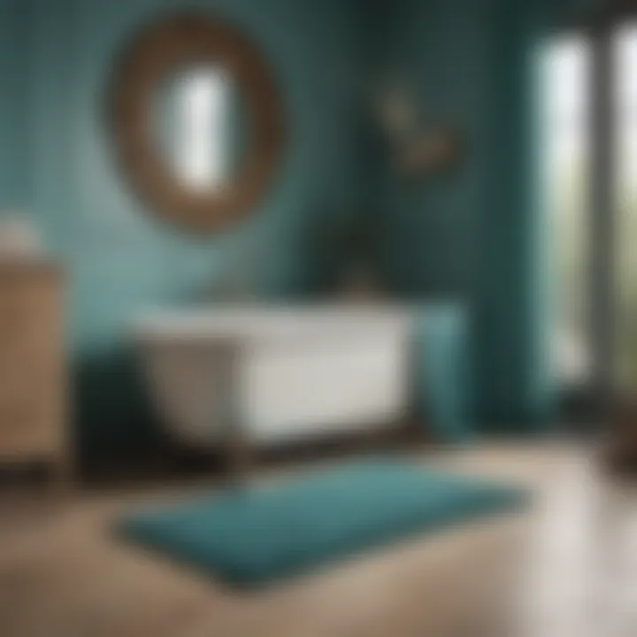 A serene bathroom featuring a turquoise bath mat and complementary decor