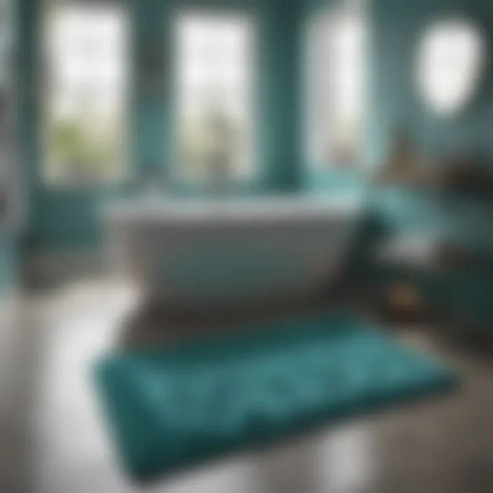 A vibrant turquoise bath mat in a modern bathroom setting