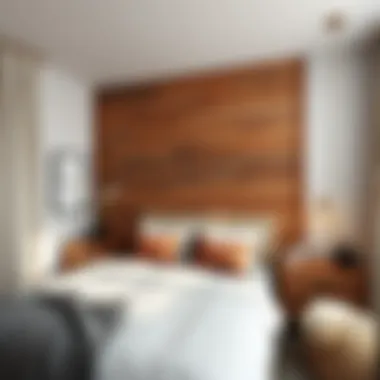 A cozy bedroom featuring a rustic wood accent wall.