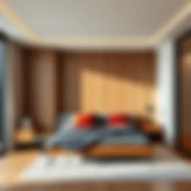 A modern bedroom showcasing an elegant wood accent wall.